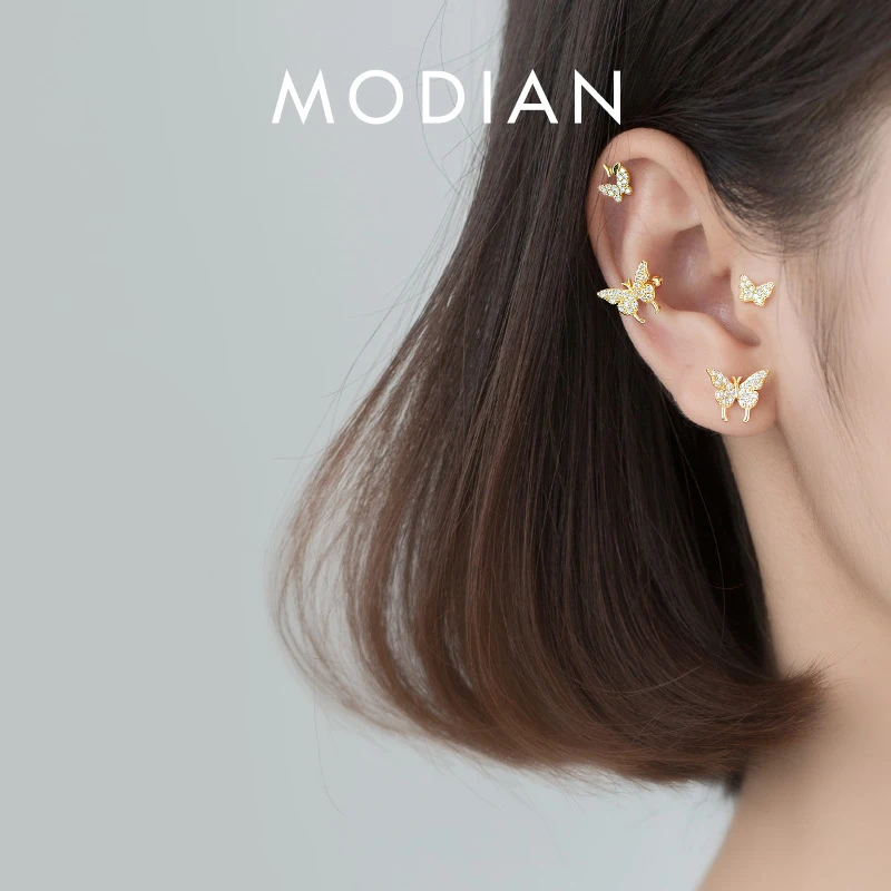 Modian czysta 925 Sterling Silver wyczyść CZ słodki śliczny latający motyl stadniny kolczyki dla kobiet moda owad Ear Pin Fine Jewelry
