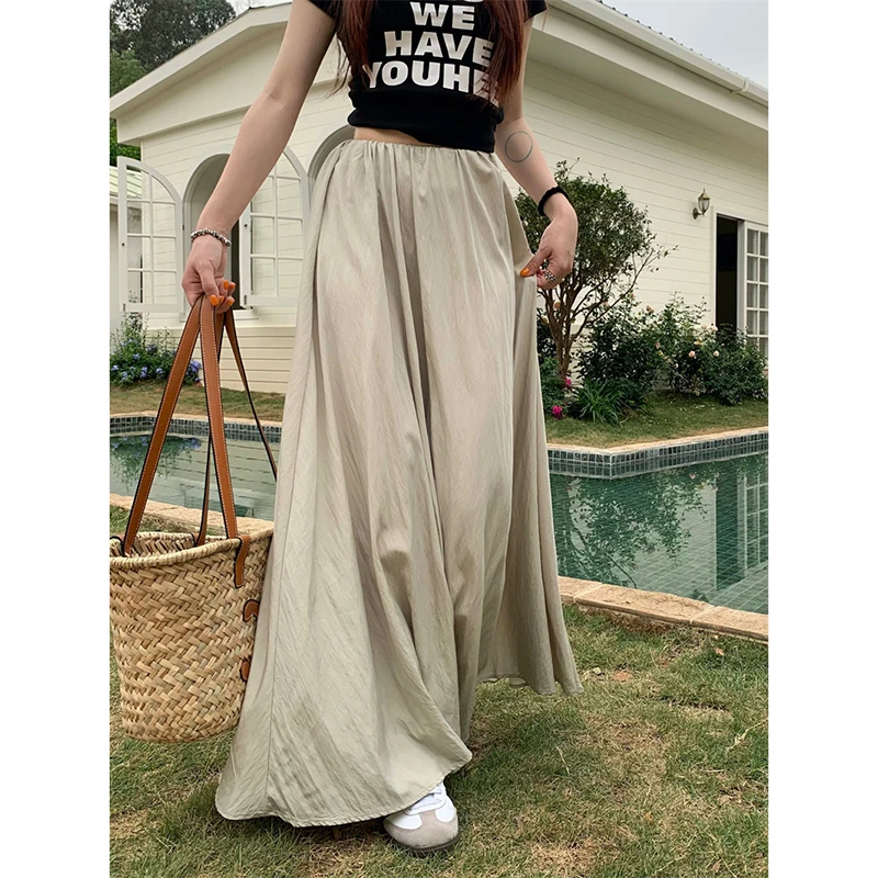 

Minimalism Women Boho Elastic High Waist A-Line Flowy Swing Asymmetric Tiered Maxi Long Skirt Dress Solid Loose Casual Skirts