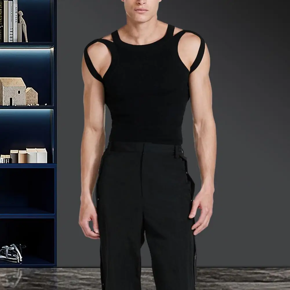 Men Solid Color Vest Skinny High Elastic Tops Fashionable Men\'s O-neck Tops Sleeveless  Long Sleeve Solid Color Skinny Fit High