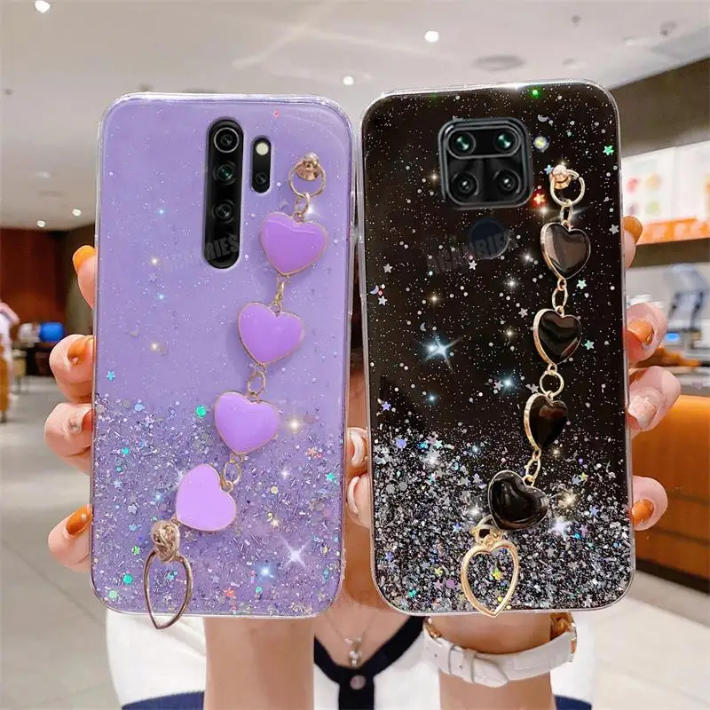 Note8pro Love Heart Wrist Chain Glitter Case On For Xiaomi Redmi Note 8 Pro 8pro 9 9s 8t 7 Redmi9 Bracelet Silicone Cover Note9