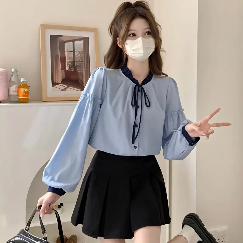 

Korea Fashion Vintage Solid Color Butterfly Knot Lacing Single-Breasted Blouse Womne New Classic Lantern Sleeve All-Match Shirt