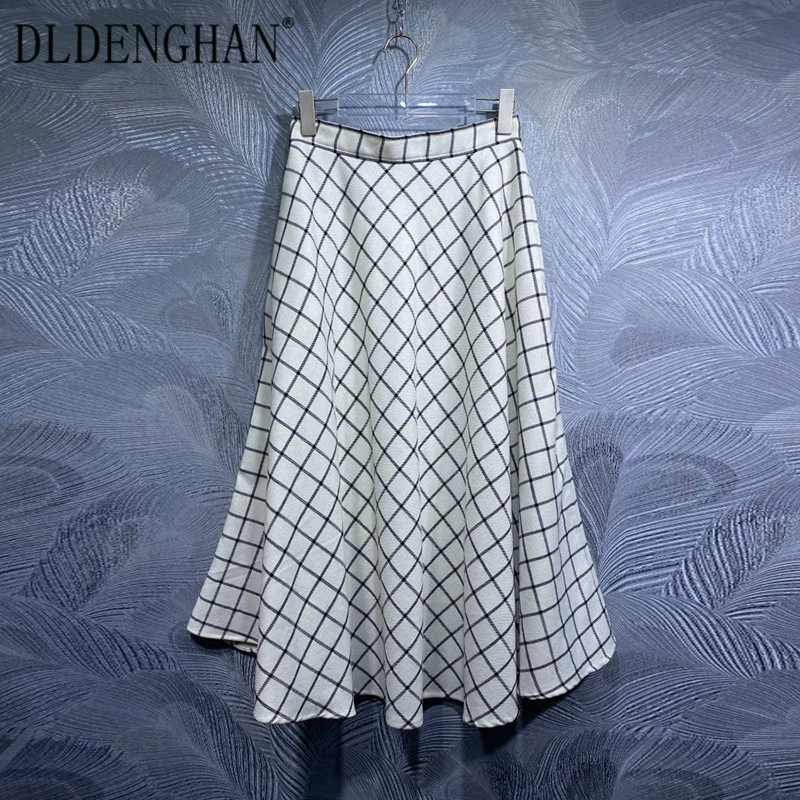 

DLDENGHAN Autumn Wool Skirt Women High Waist Plaid High Street Skirt Fashion Designer