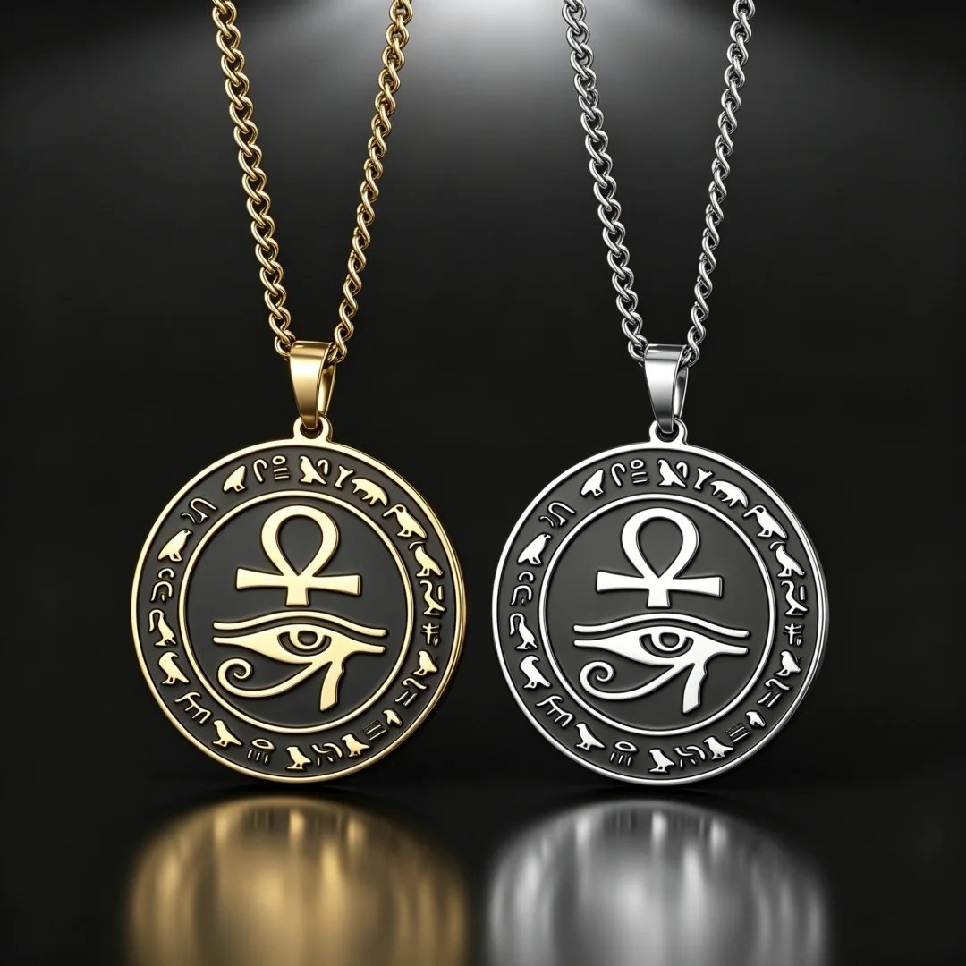 Egyptian Eye of Horus Ankh Cross Pendant Necklace Stainless Steel Ancient Egyptian Hieroglyph Symbol Talisman Neckwear Gift
