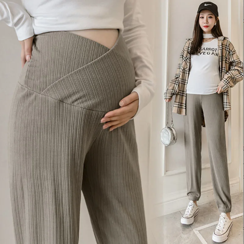 Maternity Pants Straight Narrow Foot Summer Thin Cool Cotton Low Waist U Belly Clothes Pregnant Women Loose Pregnancy Trousers