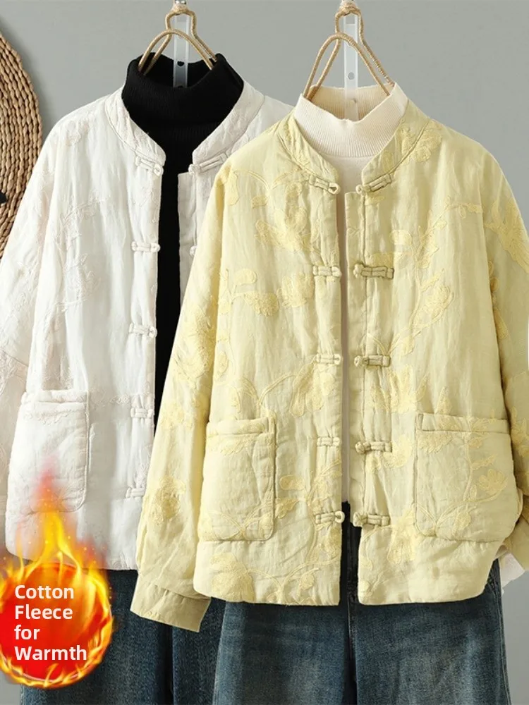 

Thiened Cotton Jaet with Embroidery And Button Stand Collar Winter Outerwear for Women Traditional Chinese Sle Long Sve