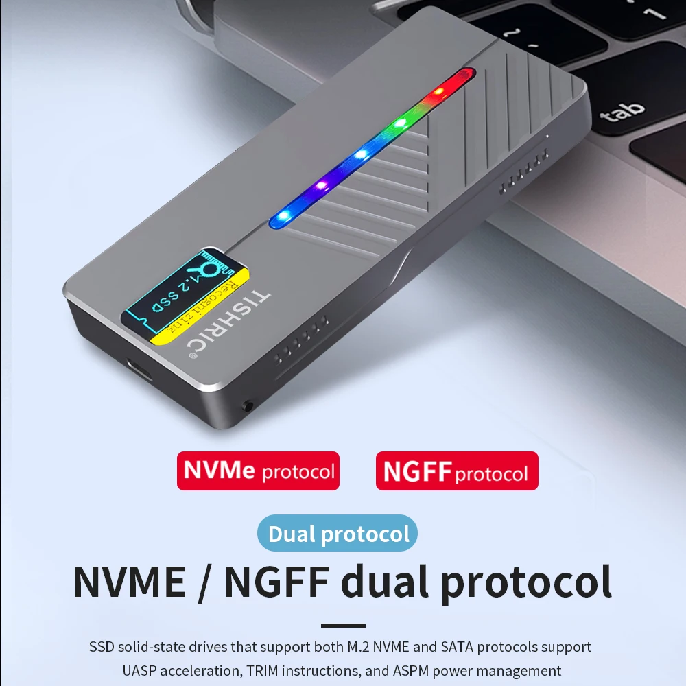 TISHRIC SSD Case M.2 NGFF NVME Dual Protocol Hard Drive Enclosure Aluminum Alloy External Box Support 2230/42/60/80 For Laptop
