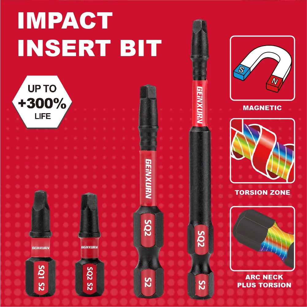 Geinxurn Impact Magnetic SQ1/SQ2 Head Power Bits, Square Insert Driver Bits S2 Alloy Steel Screwdriver Bits Set