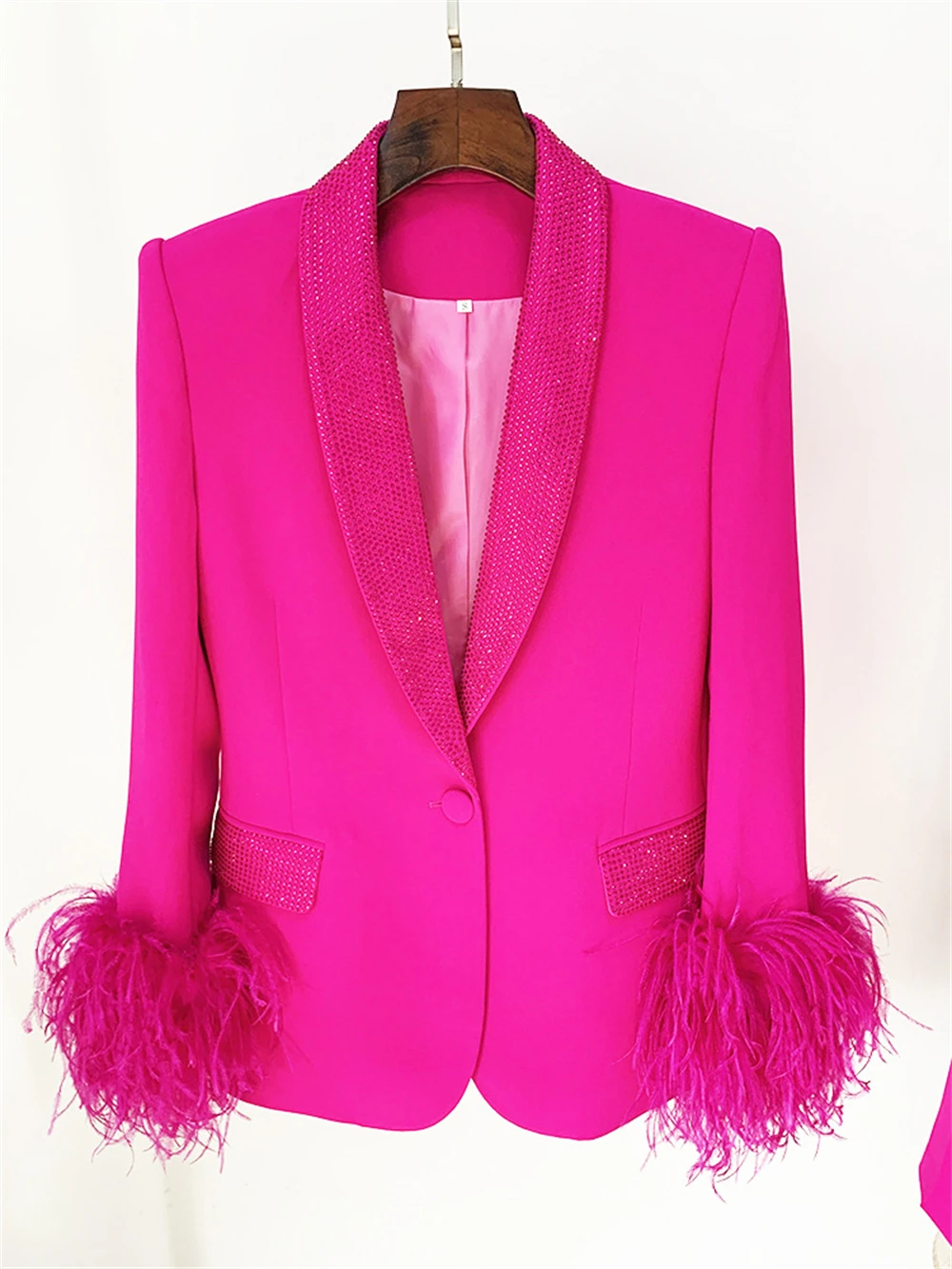 Feathered 2pc Women's Suit Set Formal Luxury Fuchsia Blazer Pants Shawl Neck Wedding Party Outfit Performance Tuxedo