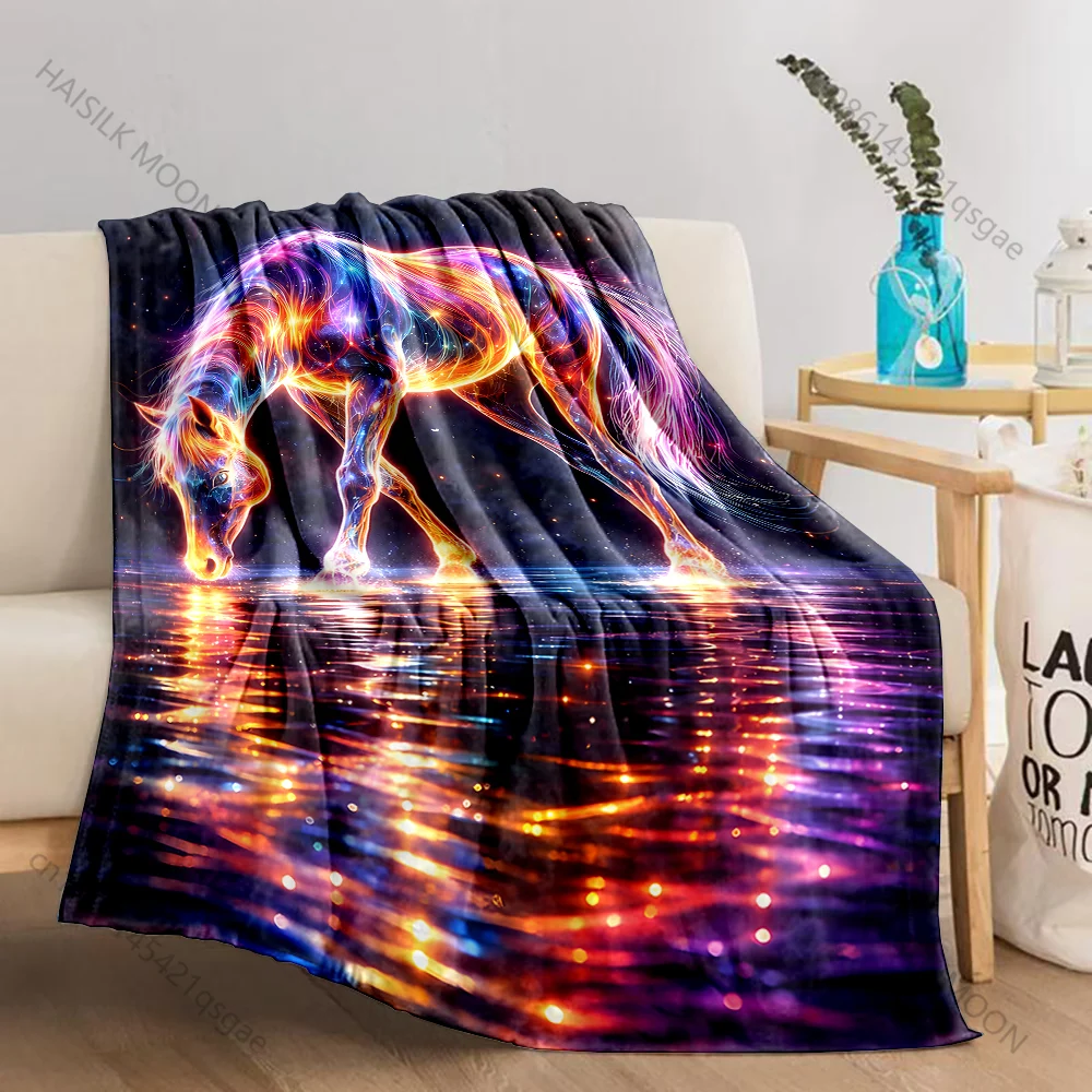 Glowing rainbow horse reflection Print Blanket Warm Soft Fluffy Kids and Adult Sofa Bed Throw Blanket Outdoor Travel Camping RV
