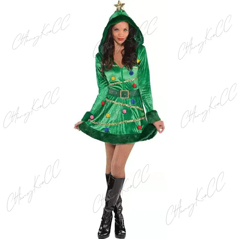 Halloween Carnaval Kerstboom Cosplay Kostuum Voor Vrouwen Volwassen Capuchon Lange Mouwen Santa Claus Mini Dress Xmas Party Stage