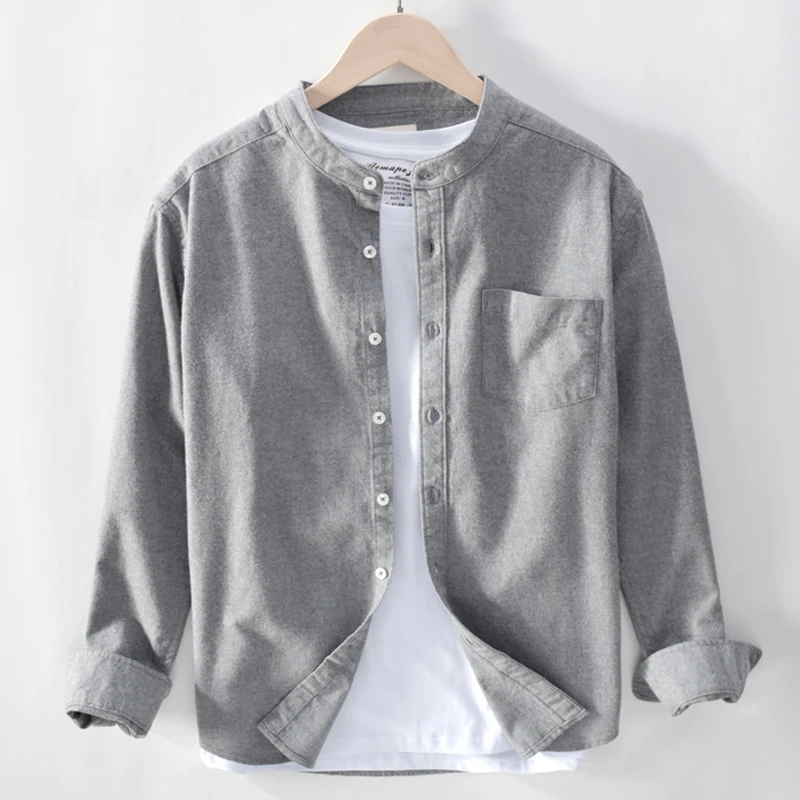 

Loose Casual Long Sve Ox Cloth irt Spring Autumn New Sle Stand Collar Men's Faion Urban Wear 00% Cotton