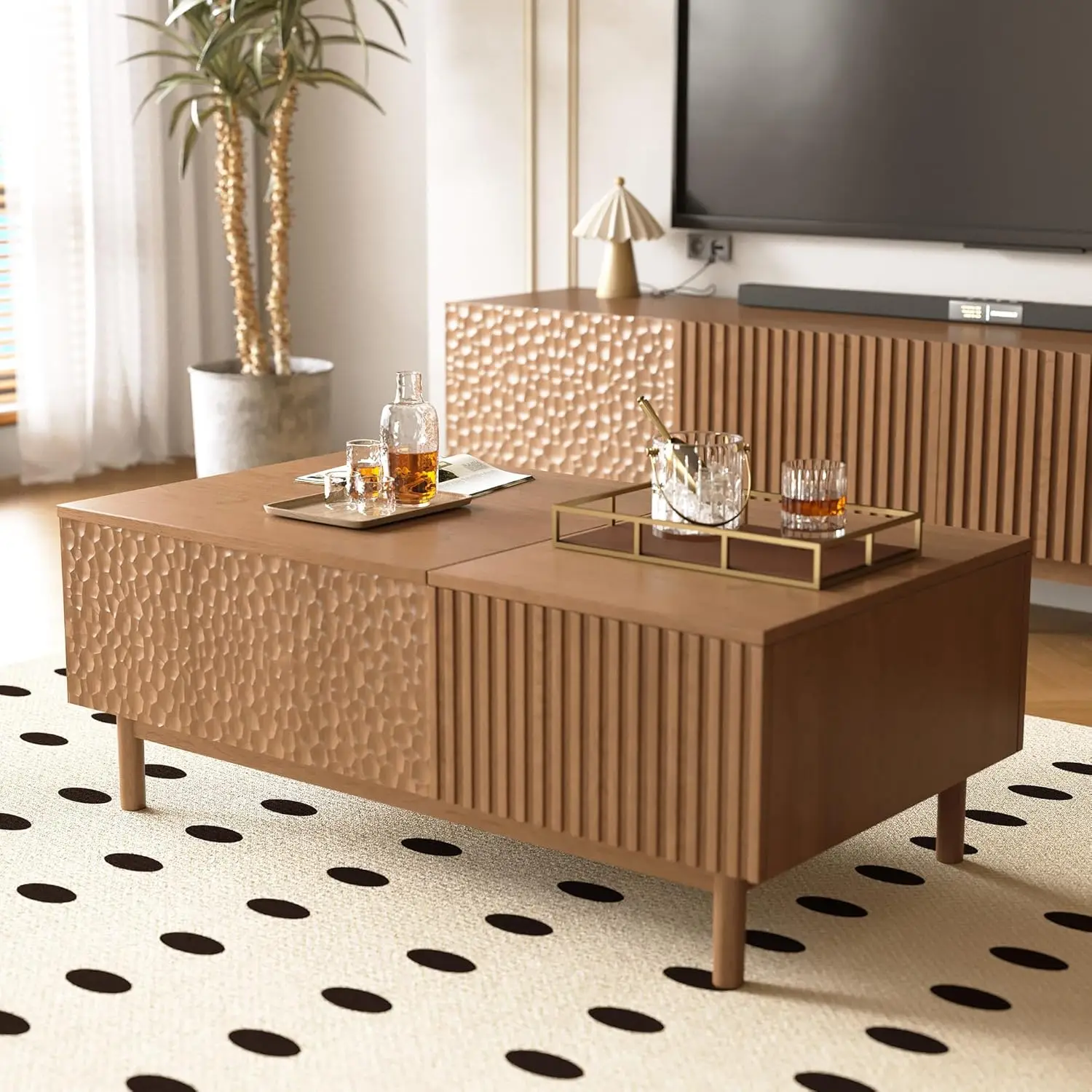 51.1" Mid-Century Modern Lift Top Coffee Table, Walnut Rectangular Center Table With Hidden Storage, Drawers & Sturdy Wooden Leg