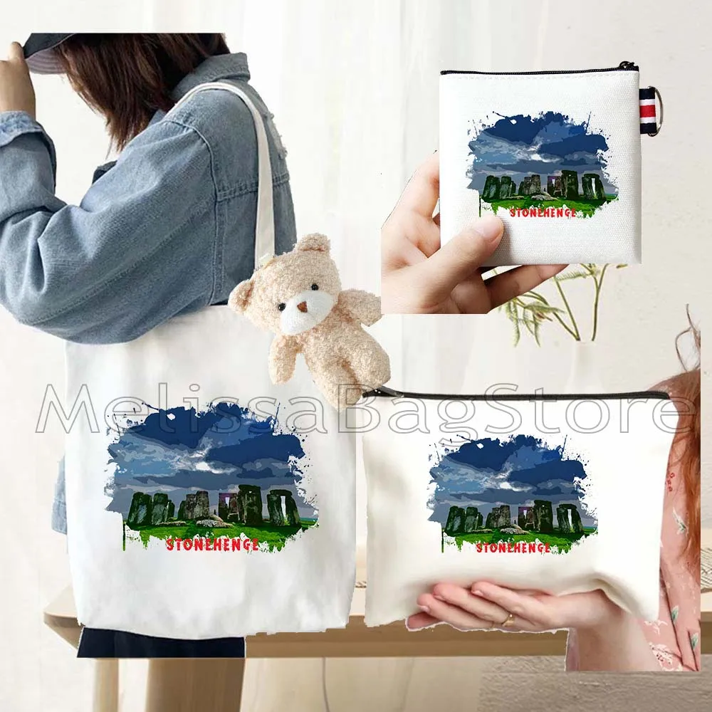 4PCS Gifts Set Stonehenge White Canvas Tote Bag Handbag with Doll Key Coin Purse Cosmetic Makeup Toilet Bag Case Pouch