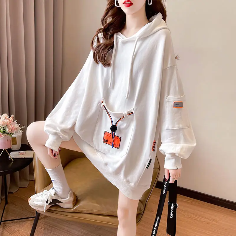 Large Size 200 Pounds Medium Long Hooded Sweatshirt Women\'s Thin 2024 New Spring Korean Version Loose Top Jacket Ins Trend