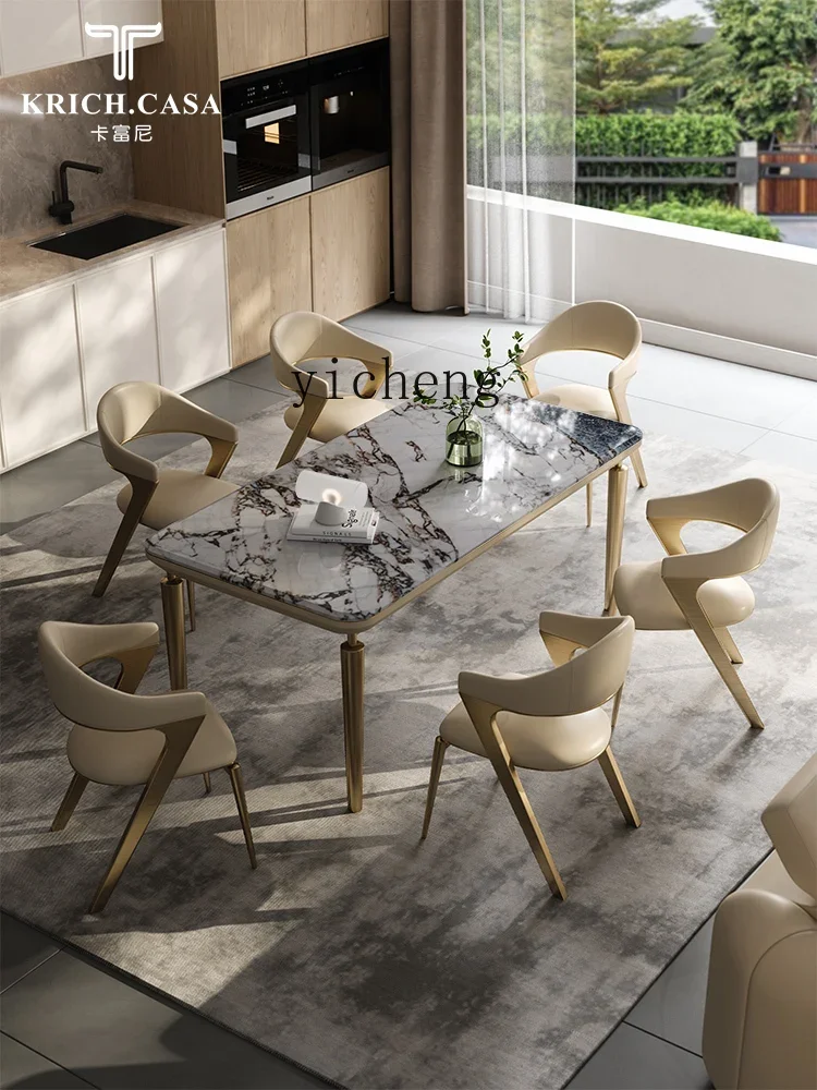 ZC Natural Marble Dining Tables and Chairs Set Rectangular High-End Dining Table Modern Household Dining Table