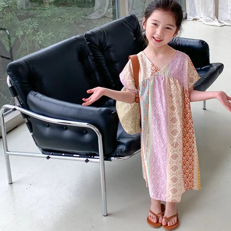 Girls Dress Fashion V Neck One Piece Princess Dress 26 Summer Outfit New Temperament Vacation Style Childrens Clothing