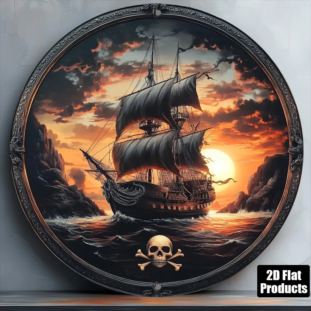 Vintage Pirate Ship Round Aluminum Wall Art, 2D Flat Decorative Plaque Sign for Bar Kitchen Cafe Home, Pre-Drilled