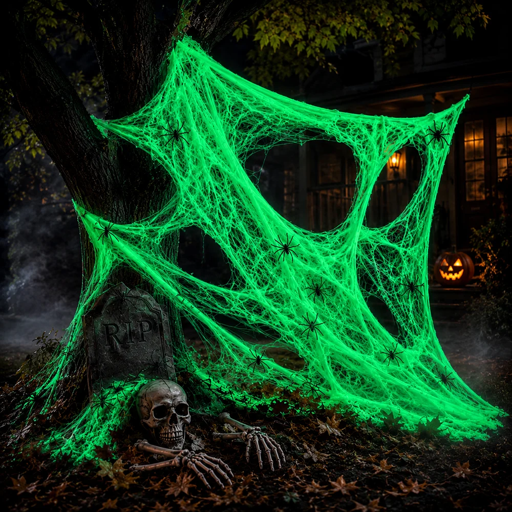 Świecące w ciemności pajęczyny, dekoracje na Halloween, fluorescencyjna pajęczyna do domu, ogrodu, nawiedzonego domu, dekoracje na imprezę.