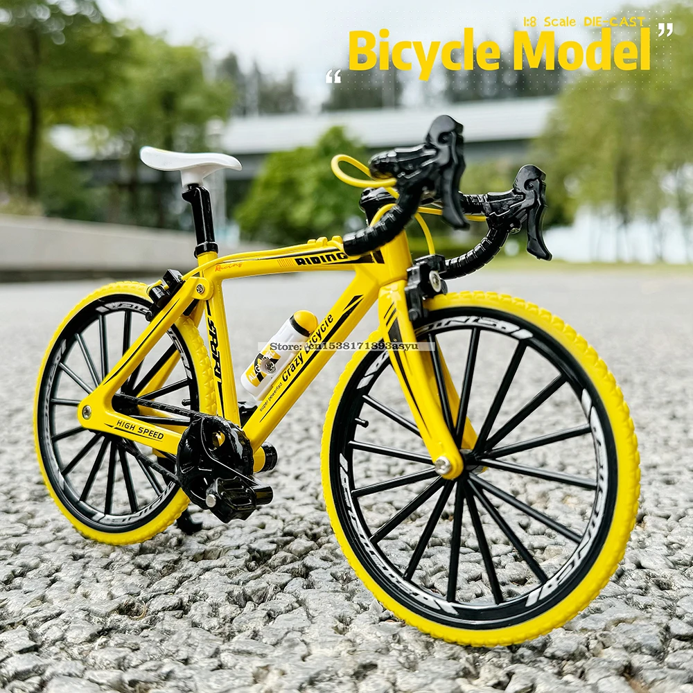 1:8 mini modelo de bicicleta de liga com rack de estacionamento, decoração fundida, metal, montanha, dedo azul, simulação de bicicleta, presentes, brinquedos para meninos