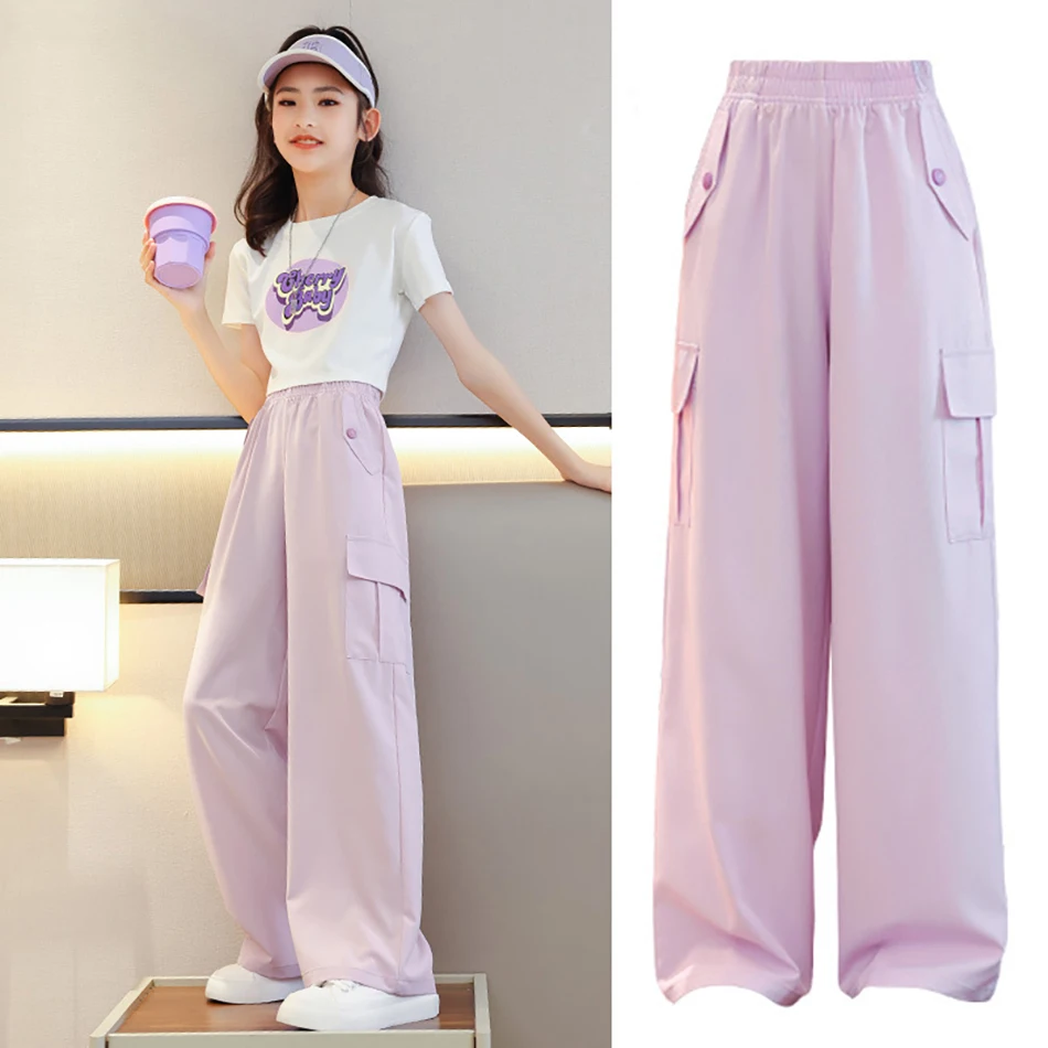 Girl Summer Cargo Pants Trendy Elastic Waist Denim Pants for Teen Kids Lightweight and Breathable Children Pocket Trousers 7-16Y