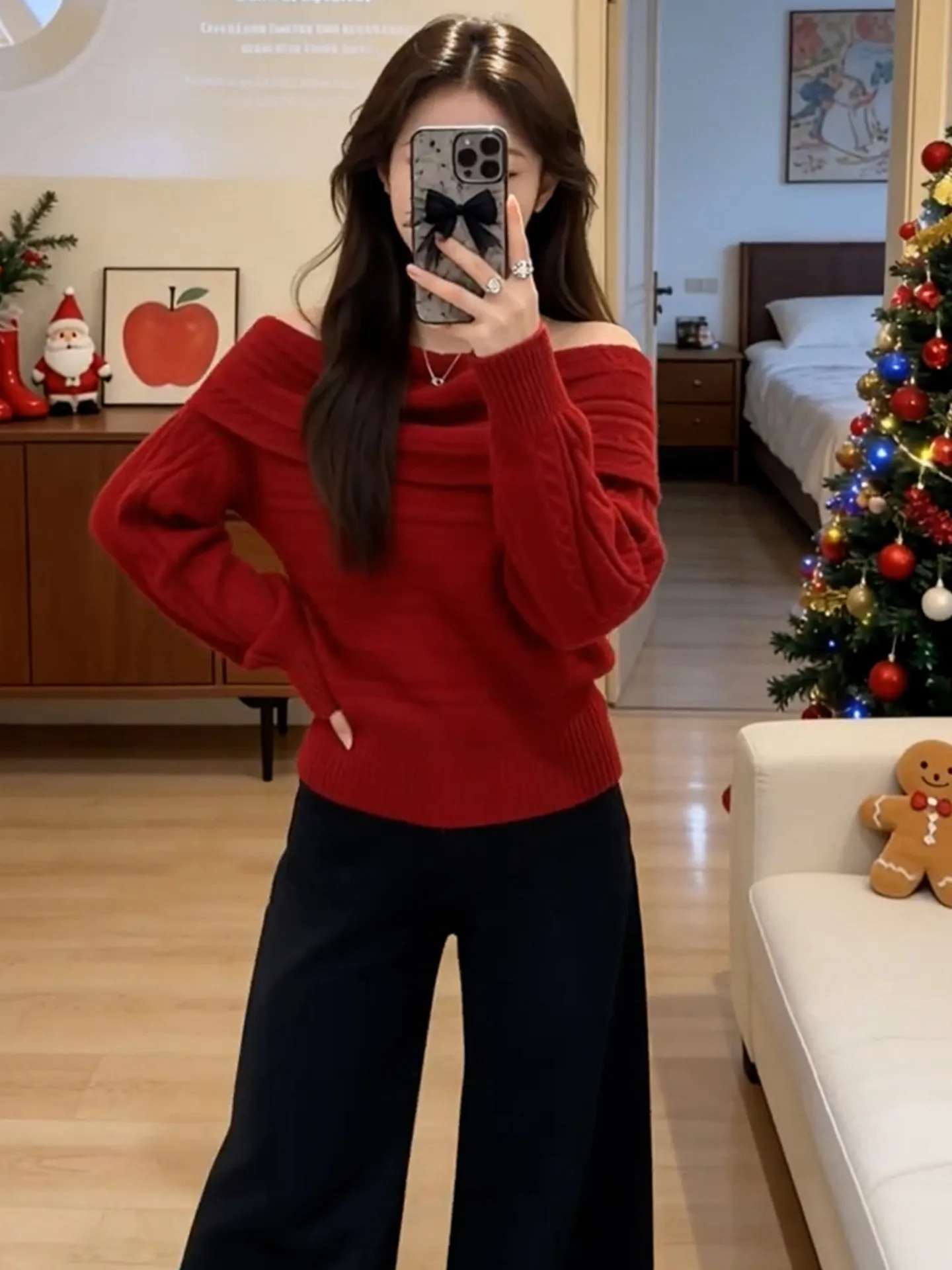 시사스 새해 레드 니트 스웨터 여성용 레이지 소프트 슬리브 원숄더 트위스트 플라워 겨울 롱 스웨터