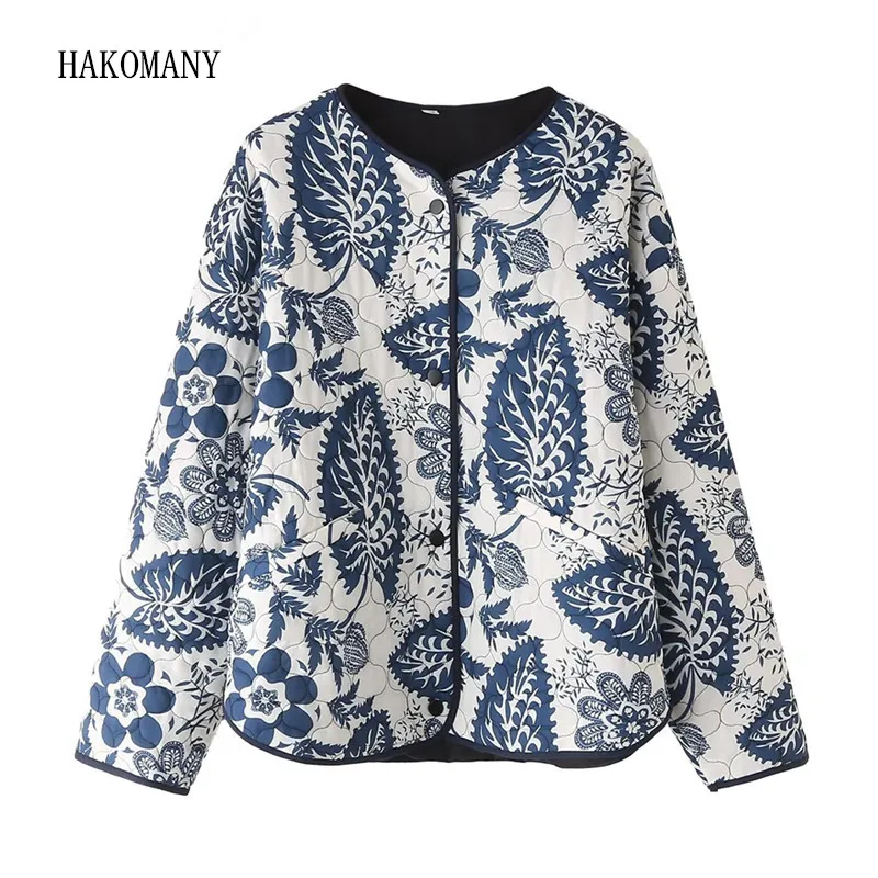 

2023 Women Quilting Full Sleeve Loose Jacket Retro Outerwear Winter Collarless Blue White Flower Print Quilted Coat Ethnic