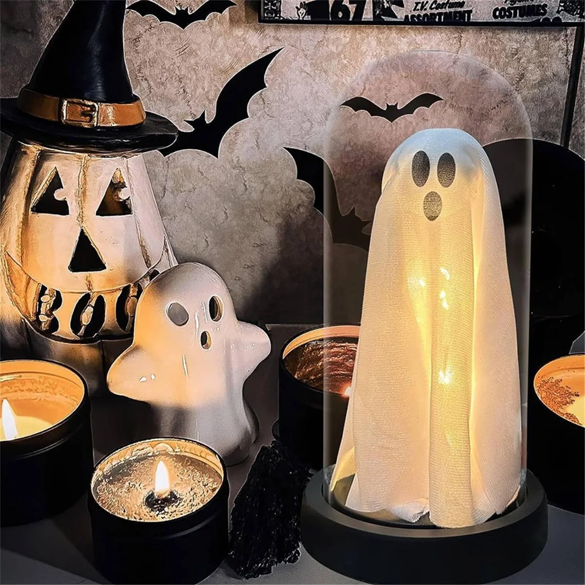 Halloween Light Up Ghost Halloween Decor Ghost in Glass Cloche Cute Ghost with Light for Fireplace Halloween Decorations