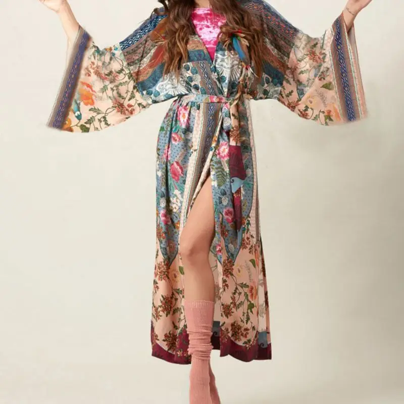 Women's Beach Swimsuit Cover Up Bohemian Floral Print Long Sleeve Cape Drawstring Front Slit Robe Perfect For Beach Vacation