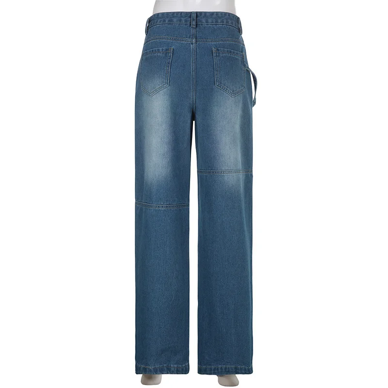 Jeans de travail multi-poches à fermeture éclair pour fille, pantalon à jambe droite, taille haute, coupe ample, style de rue, industrie lourde, épicé