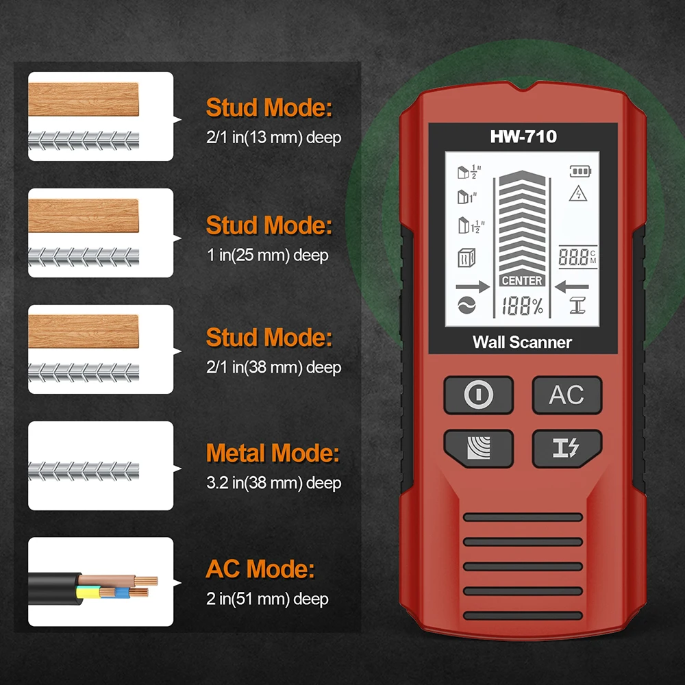 80mm Metal/Wood/AC Wall Detector 6-in-1 HD Display Auto Shutdown for Home Renovation Cabinet TV Garage Install DIY Building Tool