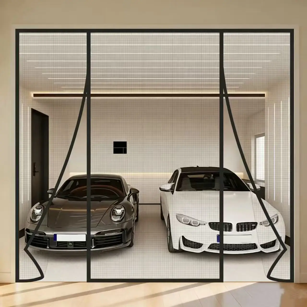 Upgraded 3-Panel Double Opening Black Fiberglass Magnetic Screen Door, No-Drill Mosquito-Proof & Breathable for Home