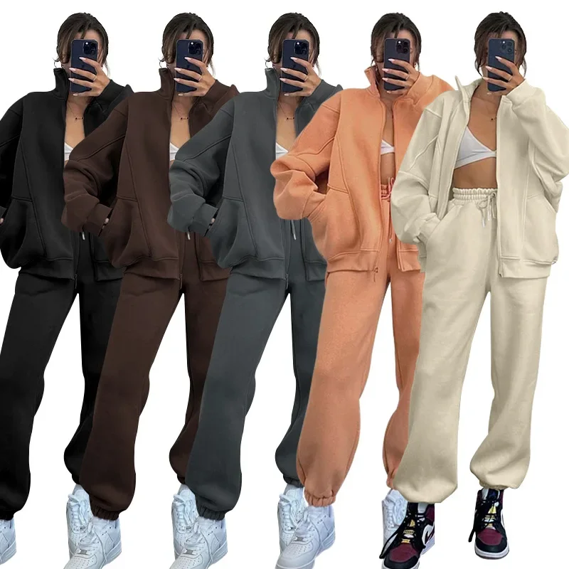 Ensemble sweat-shirt et pantalon zippés à manches longues pour femmes, tenues 2 pièces, vêtements actifs, optique chaude, sports trempés, col montant, 2024