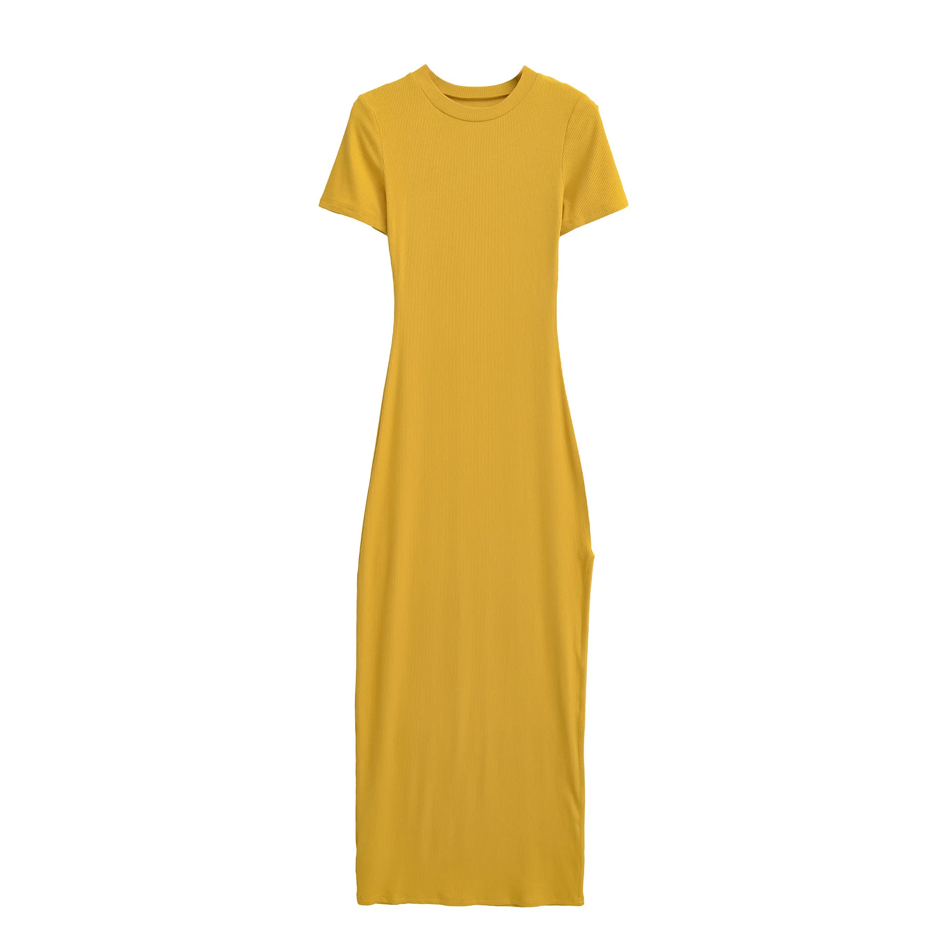 新作スパイシーガールスタイル ハイ スリット 半袖 無地 ロングワンピース レディース 夏新作 スリムウエスト ボディコン リブ編み Tシャツワンピース 428T