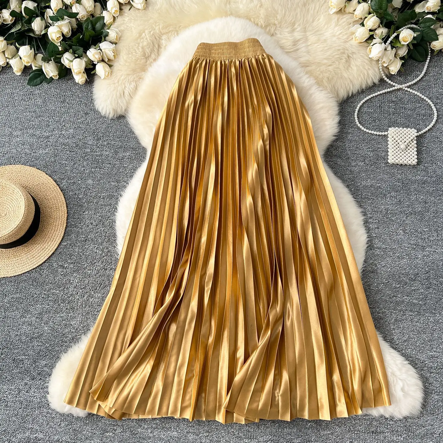 Seoulish Summer High Waist Solid Satin Women's Pleated Long Skirts 2026 New Elegant Beach Umbrella Straight Skirts Female