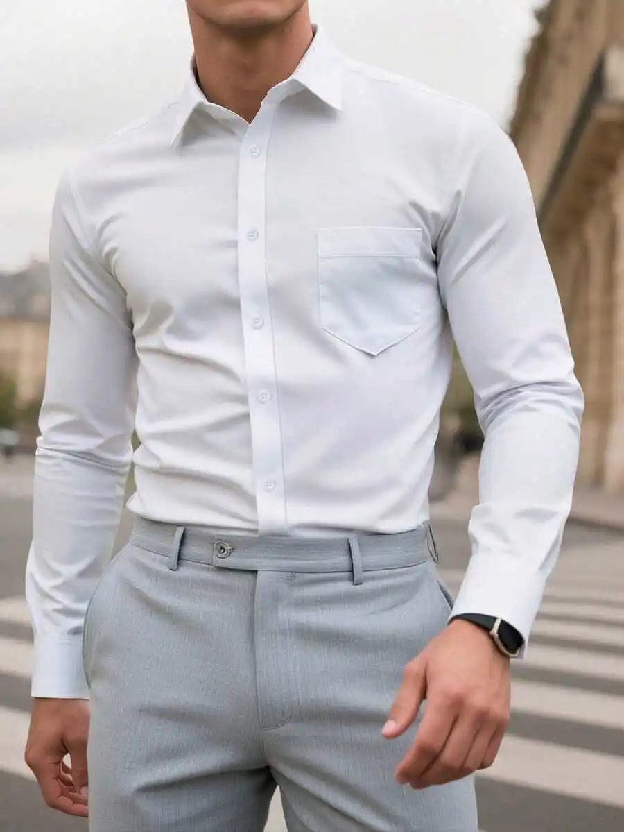 

Men's Solid White Long Sleeve Dress Shirt for Business and Commute