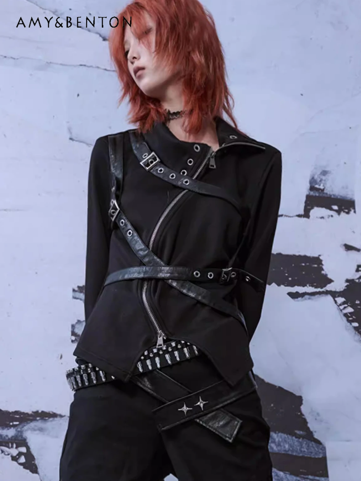 

Оригинальный женский топ с высоким воротом в стиле панк, облегающий топ с длинными рукавами в стиле Харадзюку, черные вязаные топы с заклепками на пуговицах