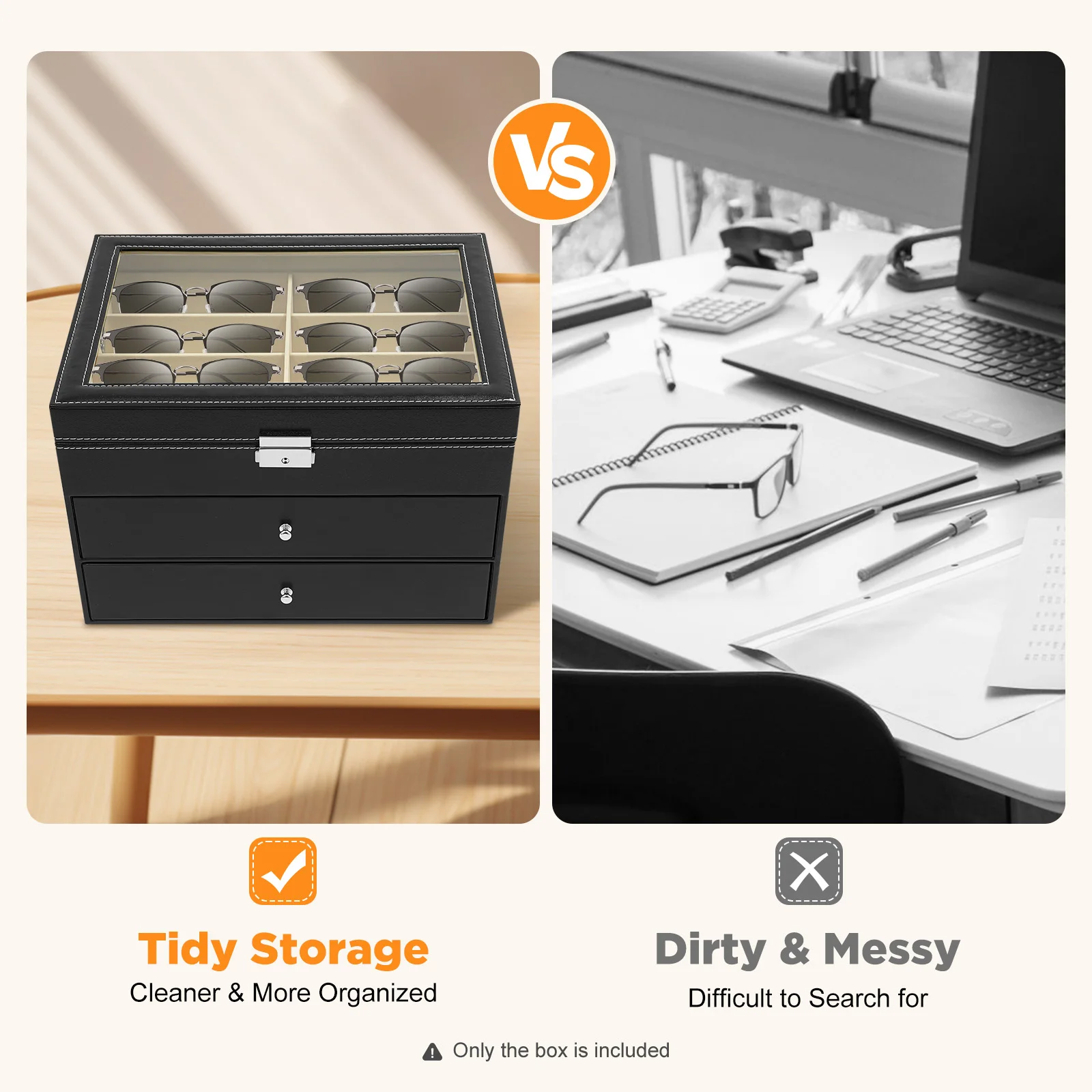 24-مقصورة عرض النظارات حالة بو MDF المواد 34*25*19 سنتيمتر 4 كجم الوزن الإجمالي 3.5 كجم الوزن الصافي 3-Tier درج صندوق تخزين #4