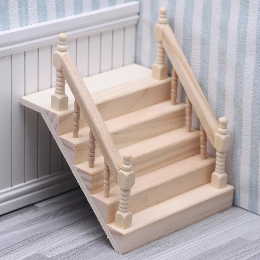 เฟอร์นิเจอร์บ้านมินิไม้ Handrail บันไดฉากขนาดเล็กขั้นตอนรุ่น Dollhouses บันได DIY