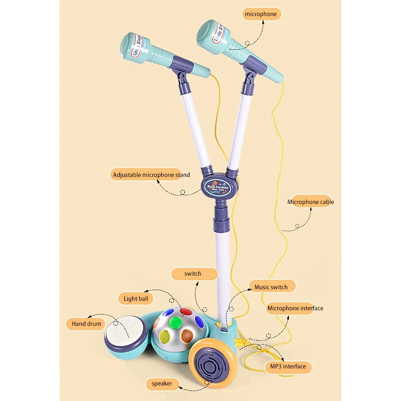 เด็กประเภทแนวตั้งปรับเครื่องคาราโอเกะของเล่นเด็ก Two-Mike Light ร้องเพลง Brainging เครื่องดนตรีของเล่น