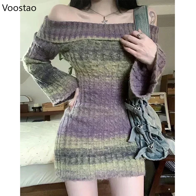 Korean Mini Corset Dress Women Korean Striped Knitted Dress Gyaru Sexy Tie Dye Long Sleeve Sweater Female Spring Autumn Clothes