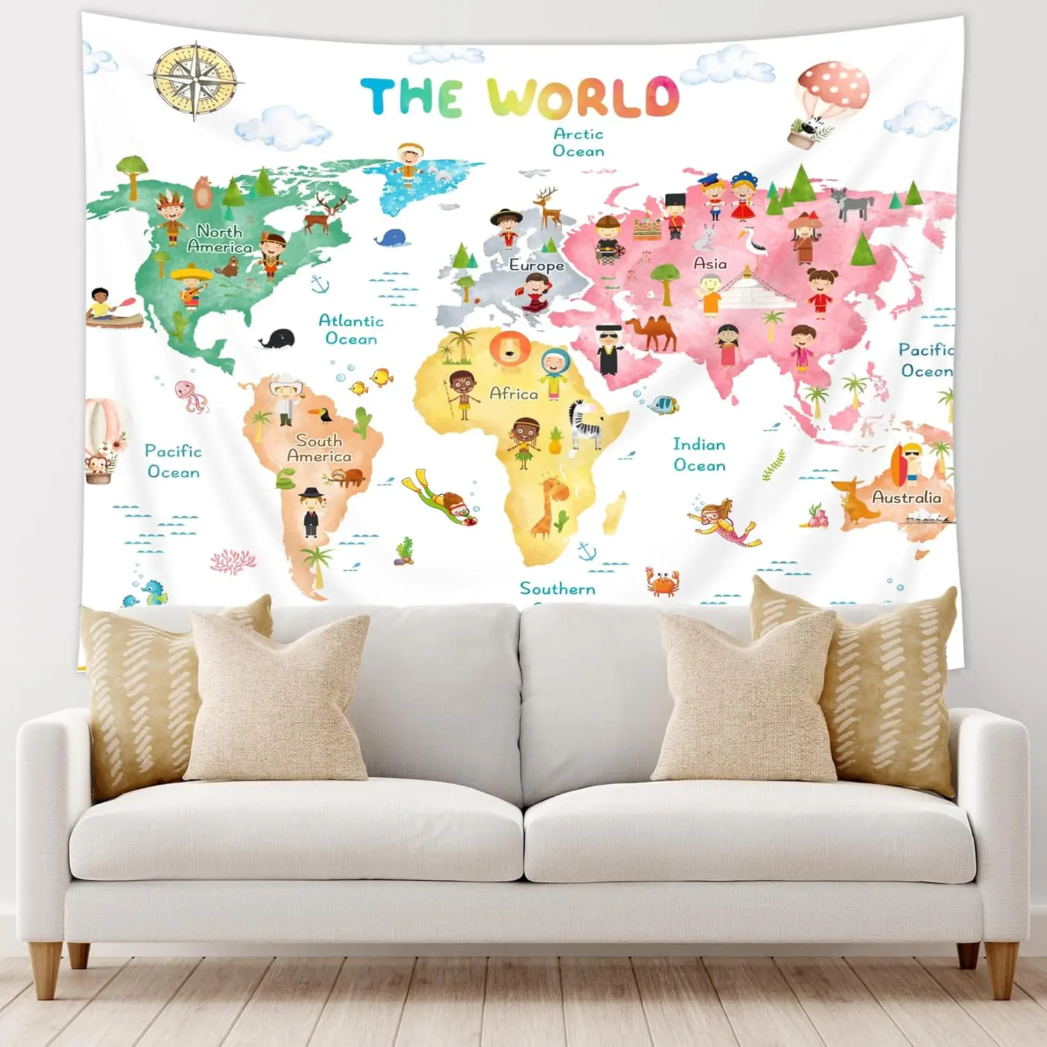 Kids World Map Tapestry Funny Educational Tool Cartoon Cute Ethnic People Animal Geography Continents Ocean Wall Hanging for