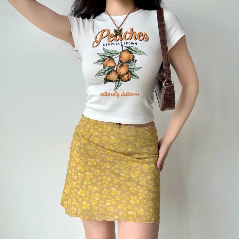 Yellow Butterfly Print Short Skirt Women Hip Hugging Sexy American Retro Summer A Line