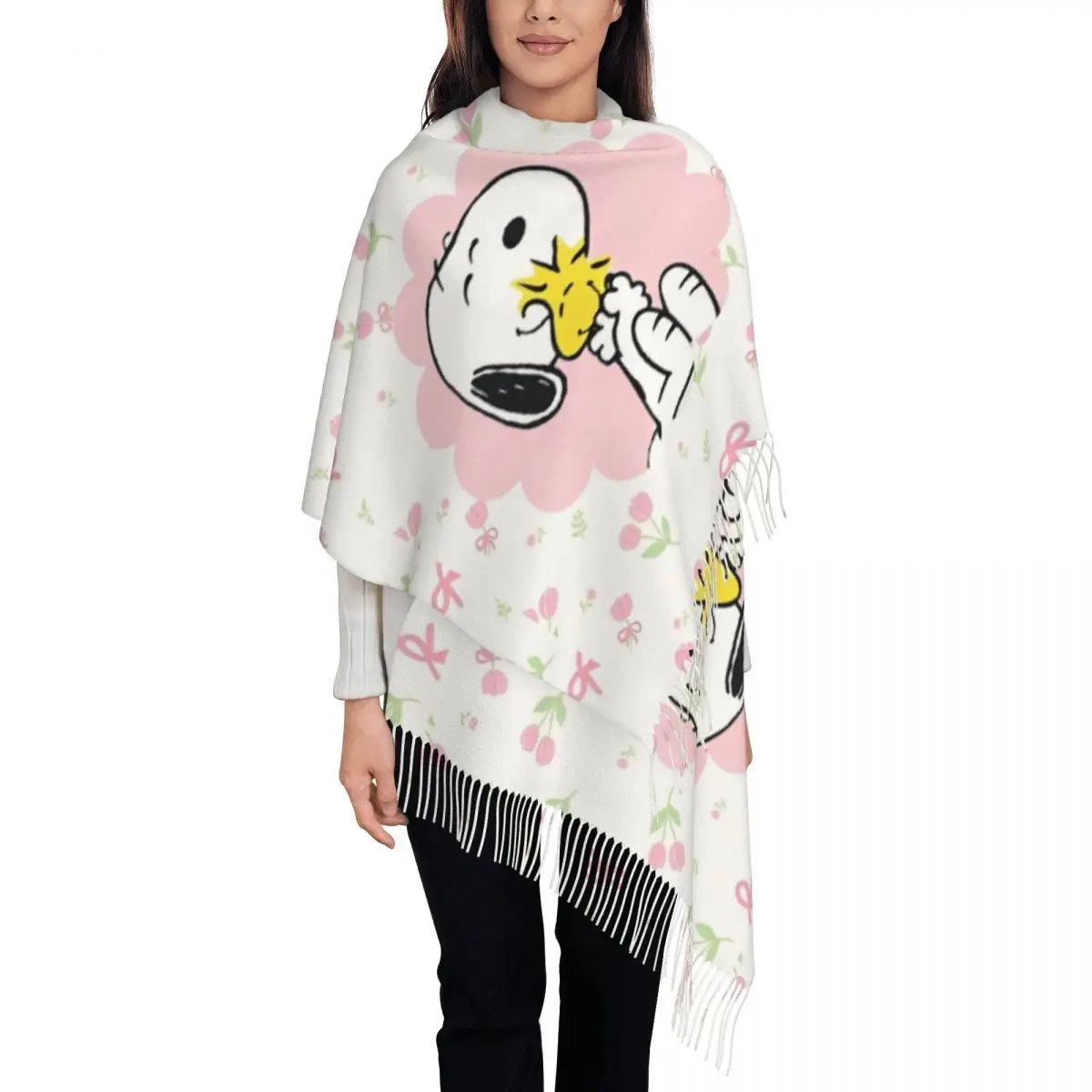 Snoopys  Floral Encounter Scarf for Womens Warm Winter Pashmina Shawl Wrap Large Scarves with Tassel for Daily Wear