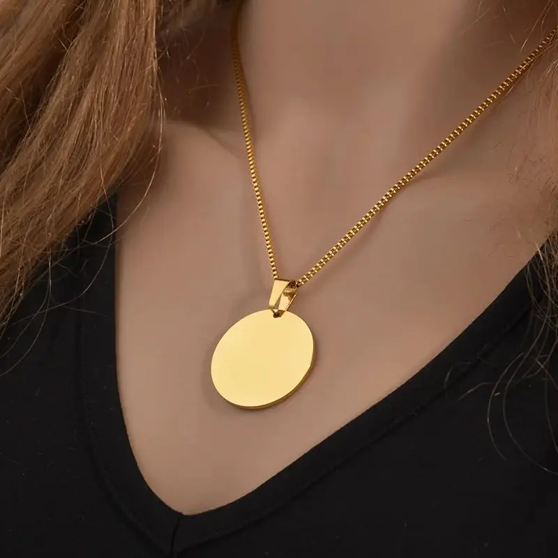 Bluelory Personalized Stainless Steel Round Tag Necklace Laser Engraved Name Photo Logo Words Necklaces For Men Women Jewelry