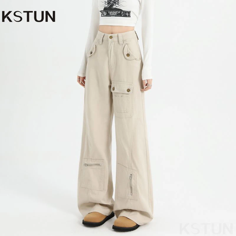 KSTUN Chique cargobroek met hoge taille en wijde pijpen, rechte bootcut-broek voor dames, meerdere keten American Street Sle Retro Design
