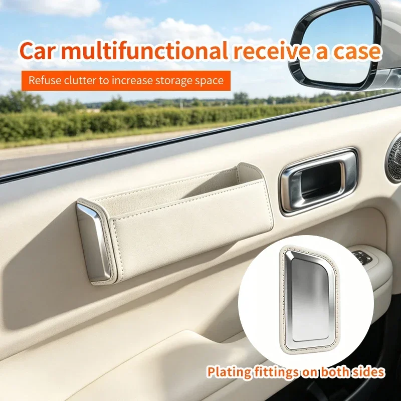 Car Adhesive Storage Organizer Leather Stick‑on Storage Pouch with Charging Port Multi‑use Storage Box for Car Interior Storage