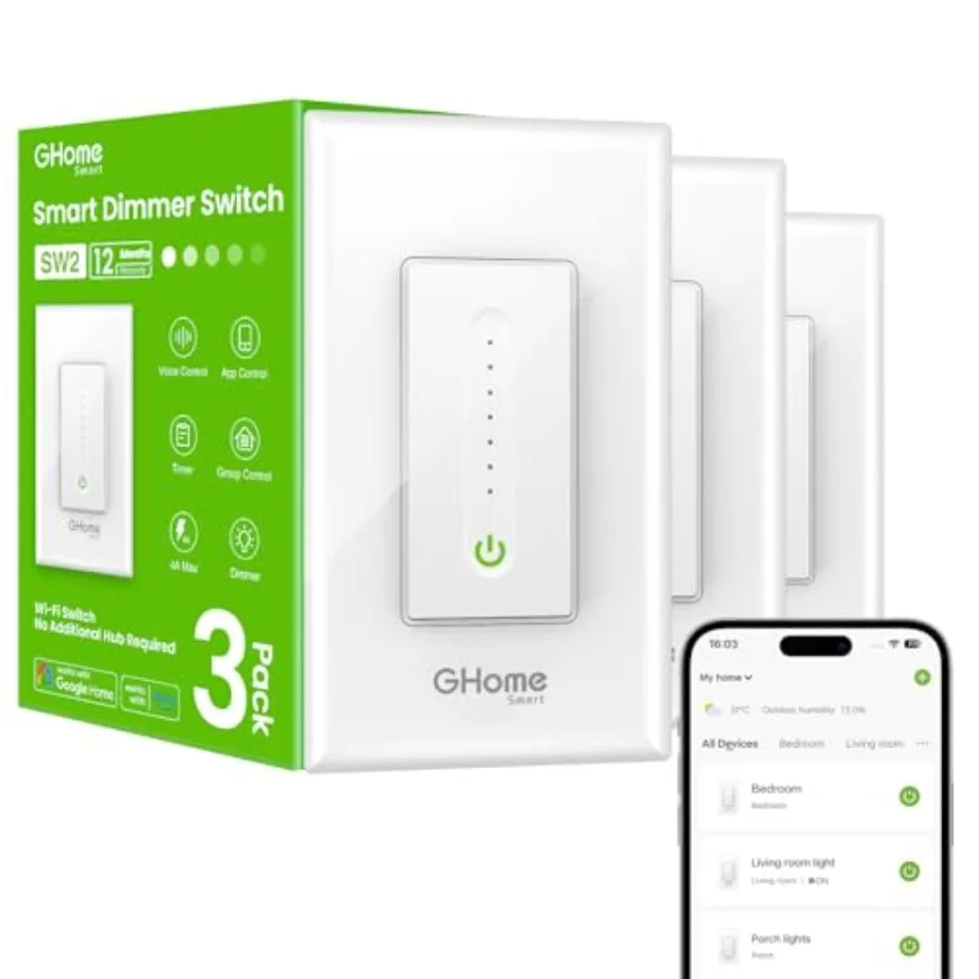 

Диммер-выключатель однополюсный 2,4 ГГц WiFi, совместимый с Alexa и Google Home, с голосовым и APP-управлением, таймером и дистанционным управлением