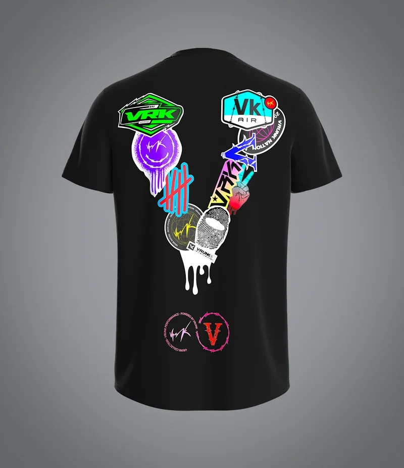 Paris streetwear VRUNK black short sleeve tee, vibrant graffiti sticker V print design,  effortless French casual wear