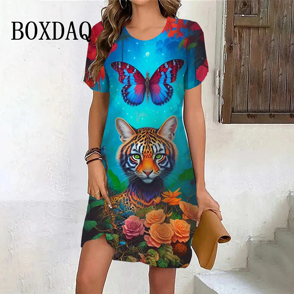 Fashion Women's Dress 3D Kawaii Humor Cat Printed Short Sleeve Trend Dresses Casual O-Neck Funny Female Oversized Loose Clothing