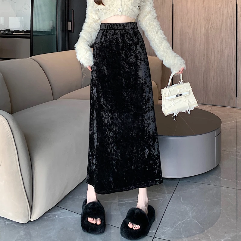 2024 New Autumn Winter Women High Waist Slim Long Skirt High Quality Elegant Floral Fleece-Lined Thicken Velvet Skirt